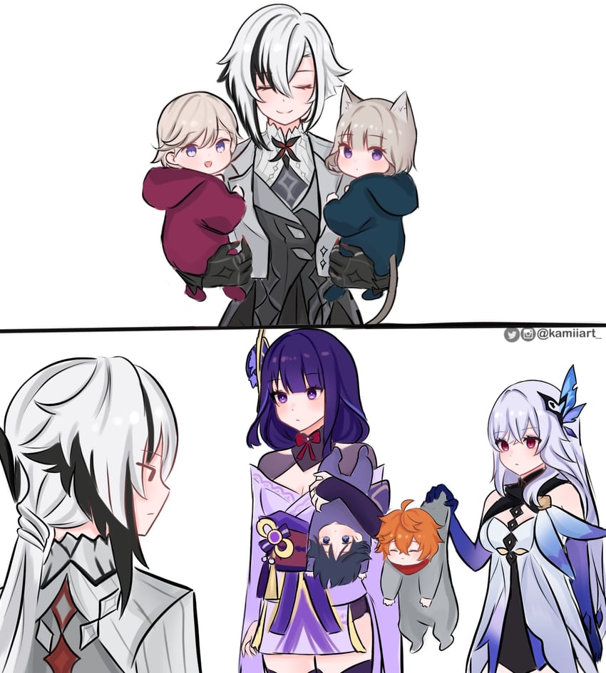 raiden shogun, scaramouche, tartaglia, arlecchino, lynette, and 2 more (genshin impact) drawn by kamiiart