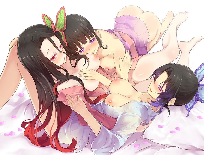 kamado nezuko, kochou shinobu, and tsuyuri kanao (kimetsu no yaiba) drawn by arashiya