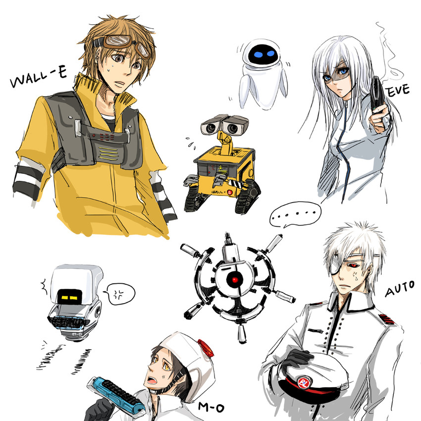 wall-e, eve, m-o, and auto (wall-e) drawn by schiffercake