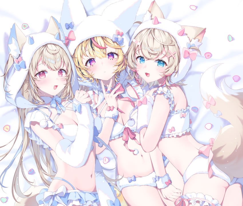 fuwawa abyssgard, mococo abyssgard, and omaru polka (hololive and 1 more) drawn by kio_is_here