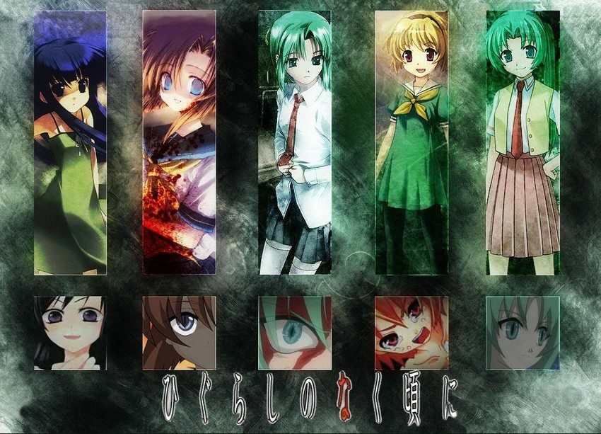 ryuuguu rena, houjou satoko, sonozaki mion, sonozaki shion, and maebara keiichi (higurashi no naku koro ni)