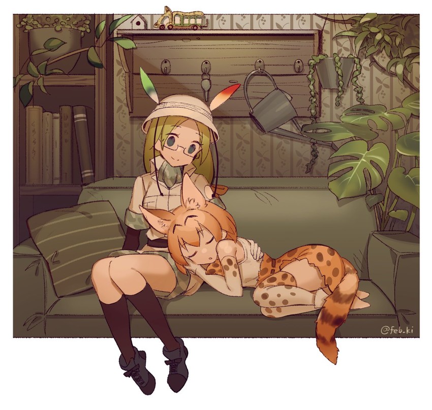 serval and mirai (kemono friends and 1 more) drawn by feb_ki