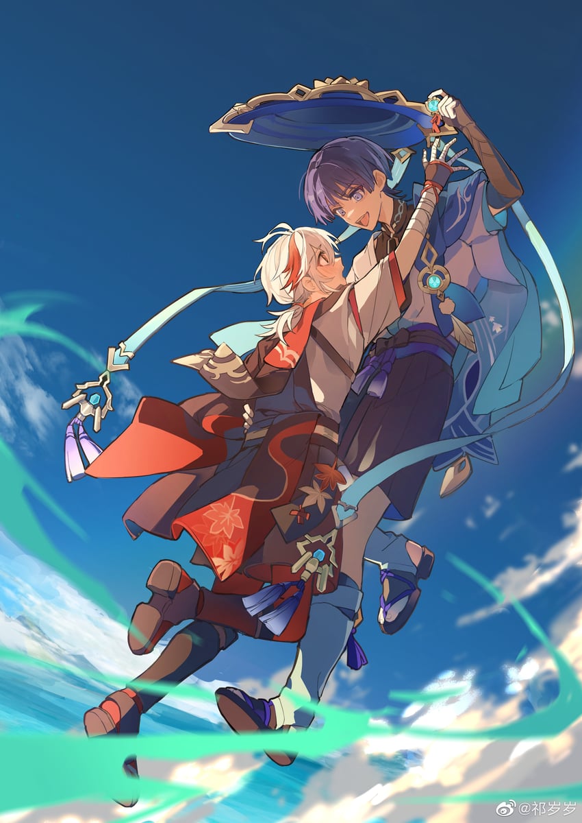scaramouche, wanderer, and kaedehara kazuha (genshin impact) drawn by qi_sui