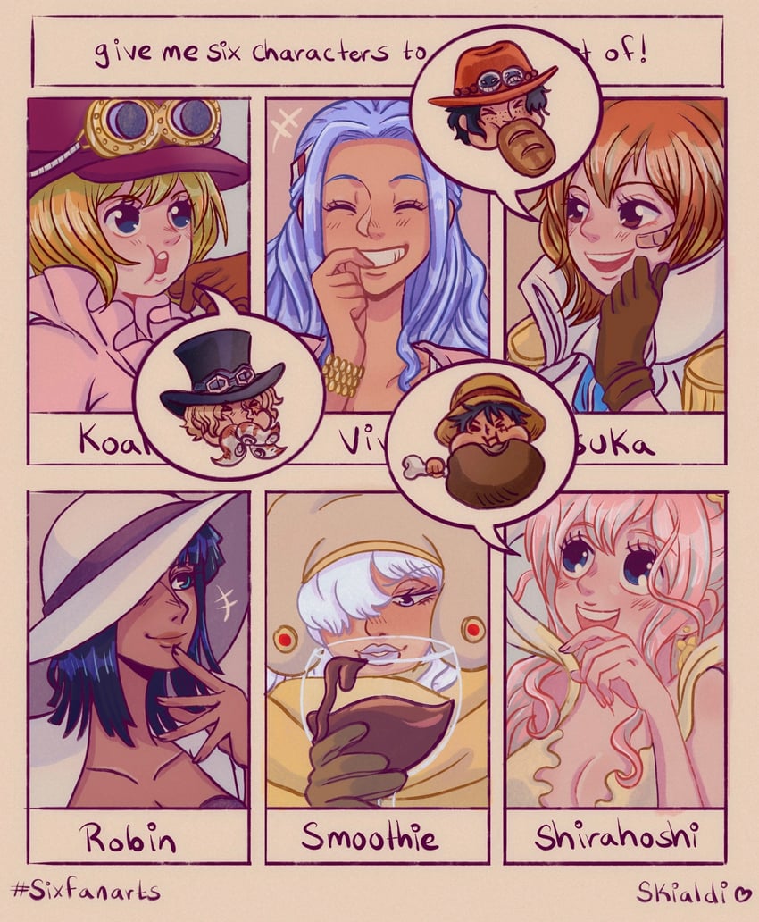 monkey d. luffy, nico robin, portgas d. ace, sabo, nefertari vivi, and 4 more (one piece and 1 more) drawn by skialdi