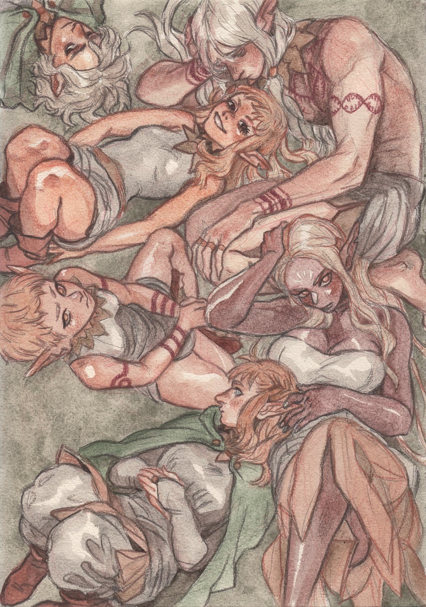 mithrun, fleki, lycion, cithis, pattadol, and 1 more (dungeon meshi) drawn by hrknk