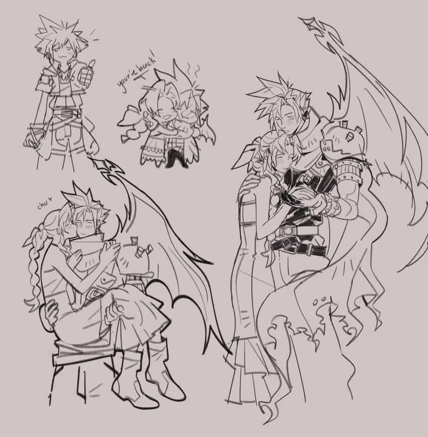 cloud strife, aerith gainsborough, and sora (kingdom hearts) drawn by mmmckayyy