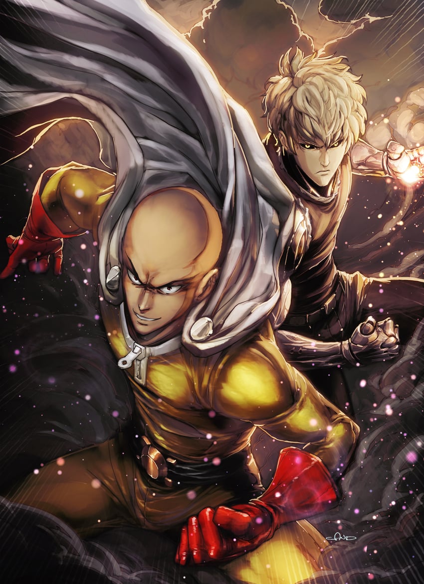 saitama and genos (one-punch man) drawn by david_liu