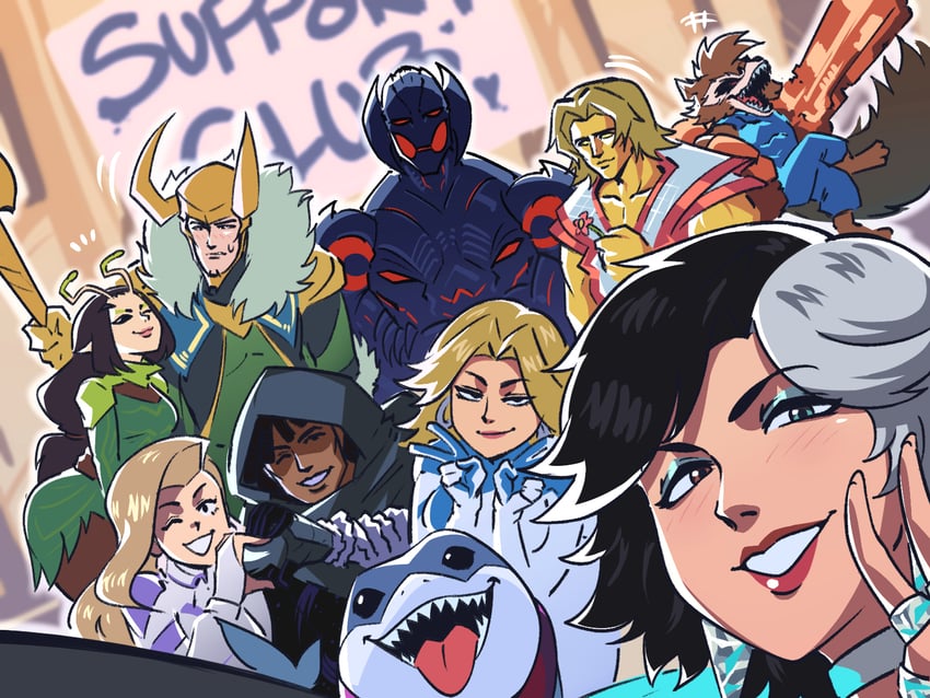 sue storm, loki, rocket raccoon, luna snow, jeff the land shark, and 5 more (marvel and 4 more) drawn by tina_fate