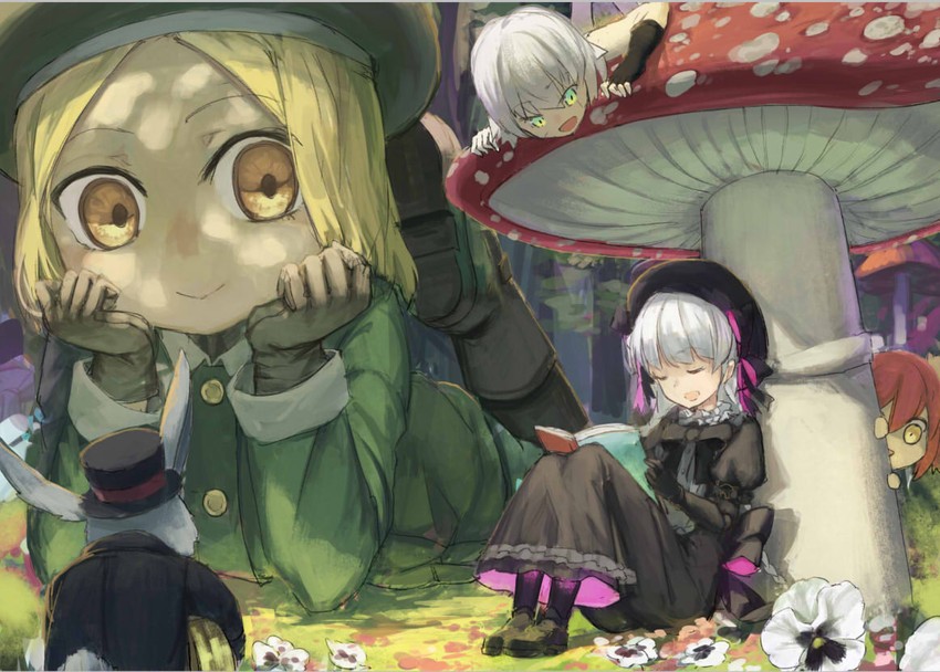fujimaru ritsuka, jack the ripper, nursery rhyme, white rabbit, and paul bunyan (fate and 4 more) drawn by hankon