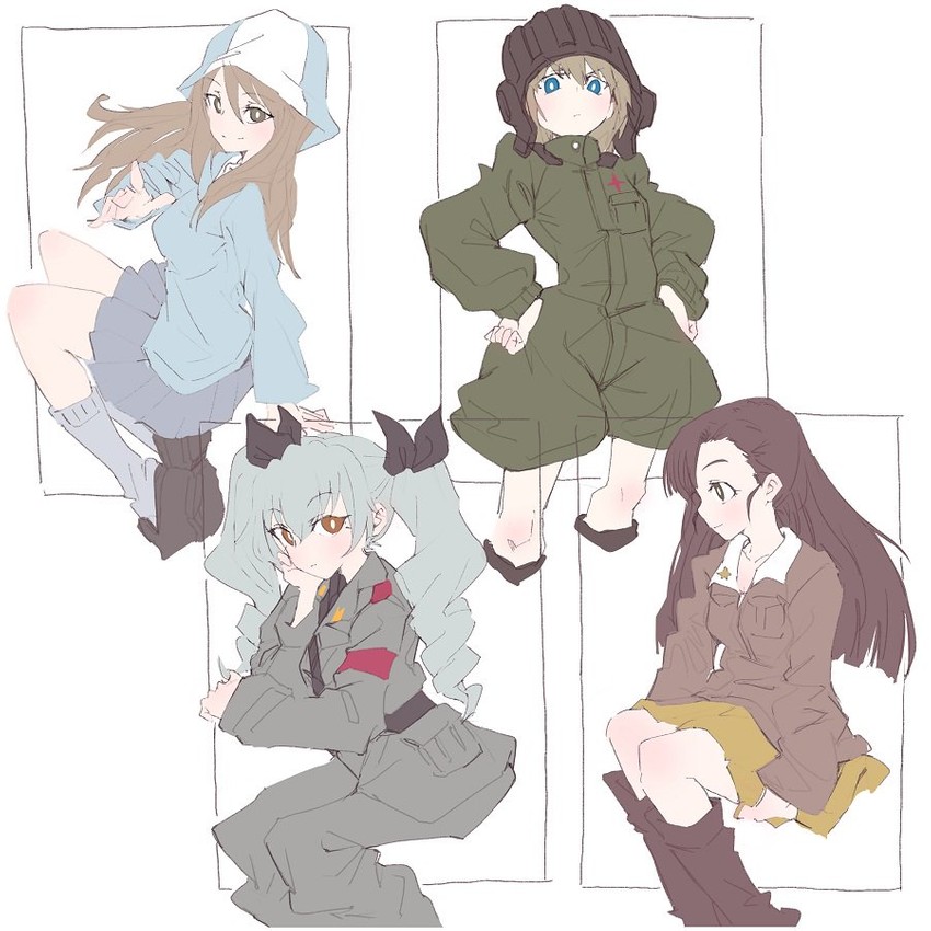 anchovy, katyusha, mika, and nishi kinuyo (girls und panzer) drawn by mituki_(mitukiiro)