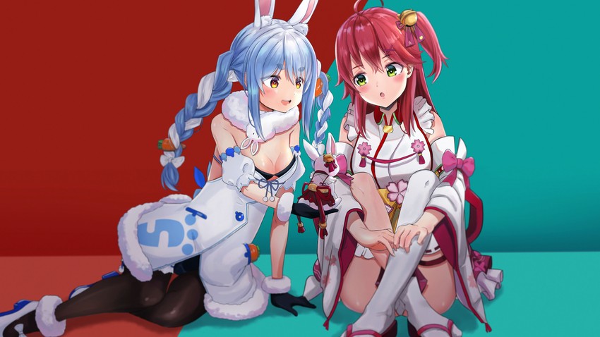 usada pekora, sakura miko, don-chan, and pekomon (hololive) drawn by tyasuzu