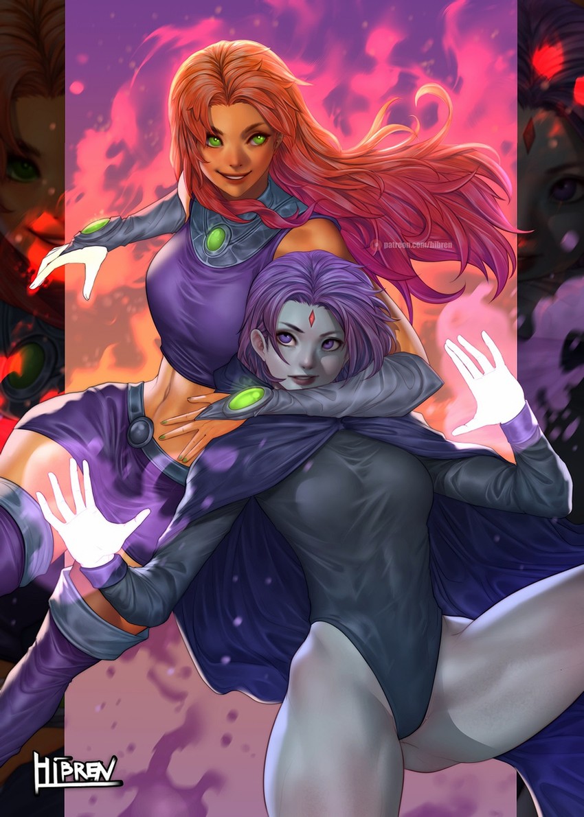 raven and starfire (dc comics and 1 more) drawn by hibren