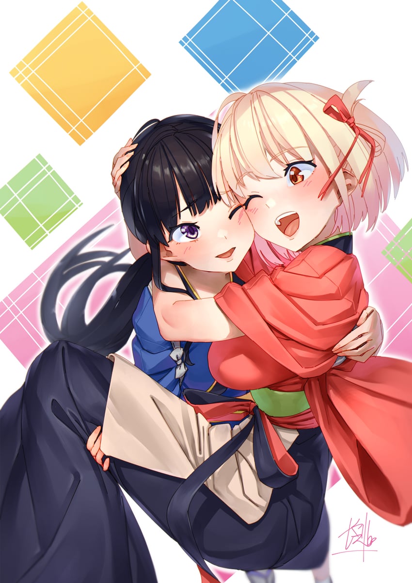 nishikigi chisato and inoue takina (lycoris recoil) drawn by kawarage