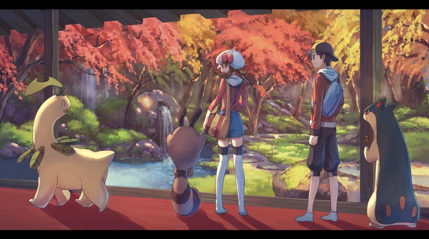 ethan, lyra, sentret, quilava, and bayleef (pokemon and 1 more) drawn by pippi_(pixiv_1922055)