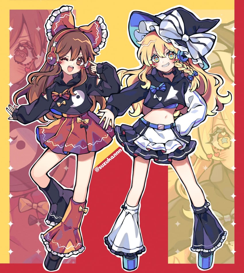 hakurei reimu and kirisame marisa (touhou) drawn by kyouda_suzuka