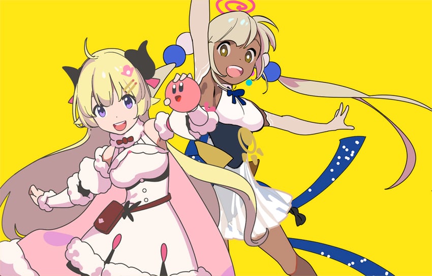 kirby, tsunomaki watame, and tsukumo sana (hololive and 2 more) drawn by pako_(pakosun)