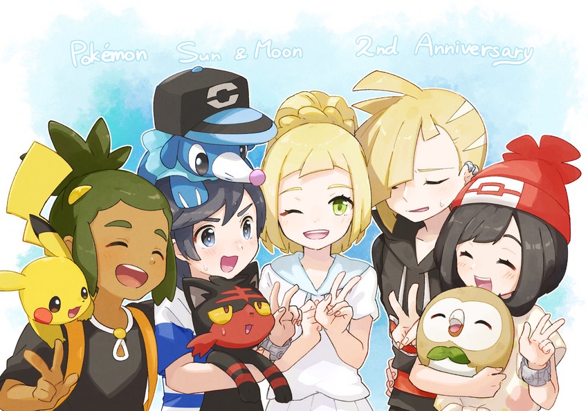 pikachu, lillie, selene, rowlet, elio, and 4 more (pokemon and 1 more) drawn by miu_(miuuu_721)