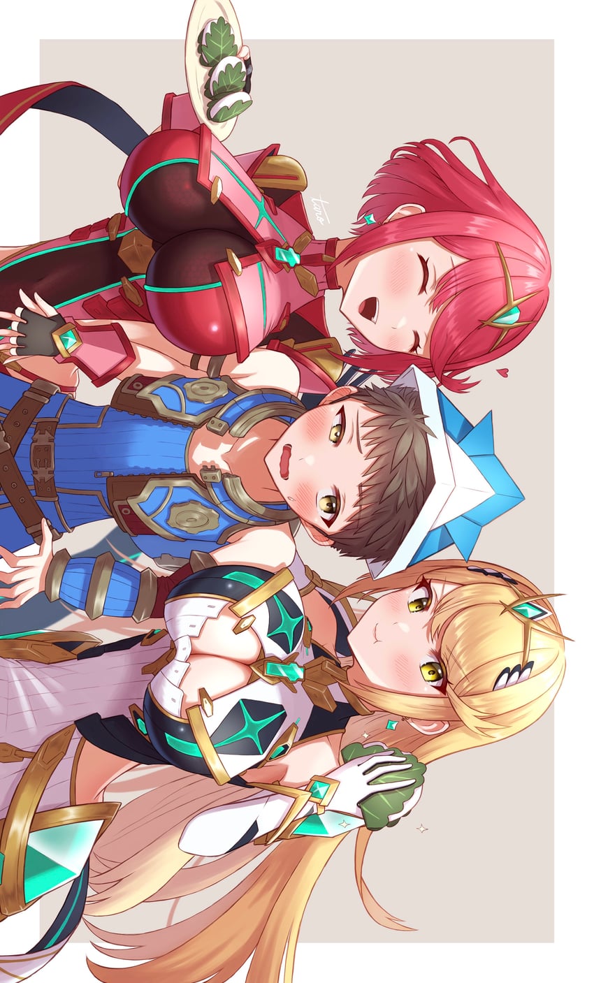 pyra, mythra, and rex (xenoblade chronicles and 1 more) drawn by taro_(peach_taro51)