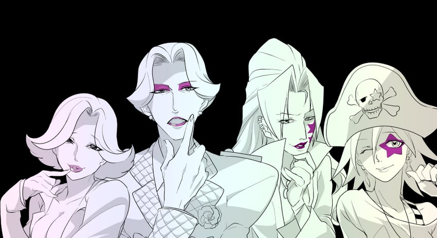 april may, max galactica, sasha buckler, and florent l'belle (ace attorney) drawn by pncnmmm