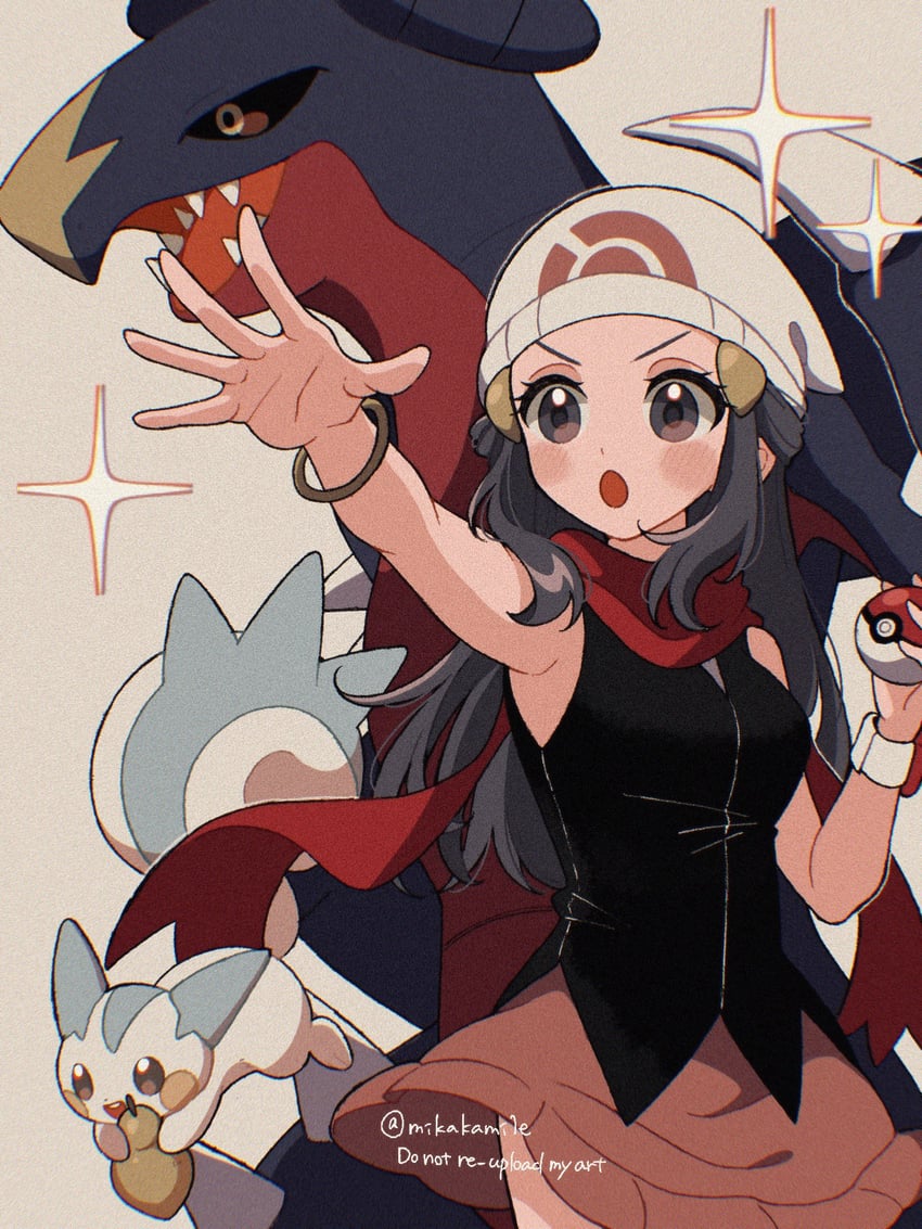 dawn, garchomp, and pachirisu (pokemon and 1 more) drawn by mikakami1e
