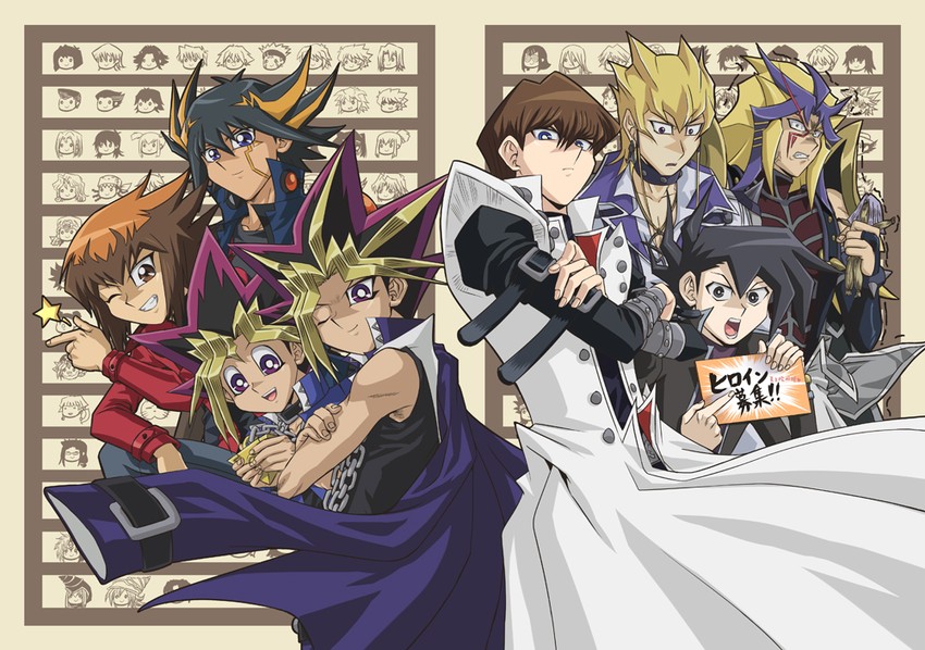 yuki judai, fudo yusei, muto yugi, kaiba seto, yami yugi, and 4 more (yu-gi-oh! and 4 more) drawn by raku_(howdy)