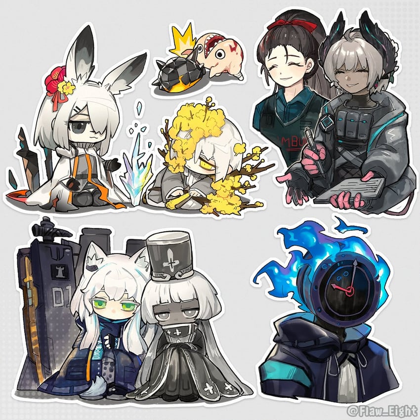 doctor, dante, rosmontis, frostnova, raidian, and 3 more (arknights and 2 more) drawn by flaw_eight