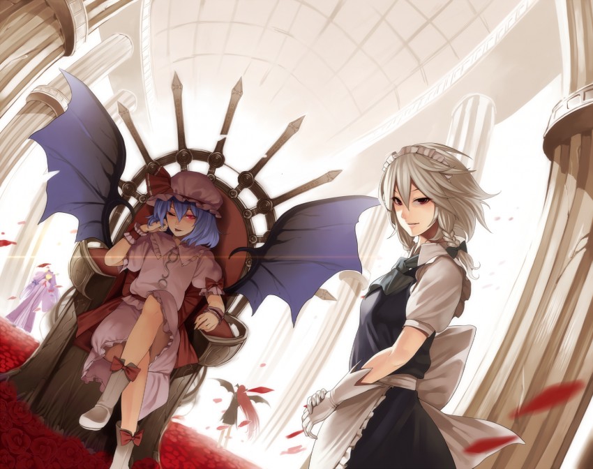 remilia scarlet, izayoi sakuya, patchouli knowledge, and koakuma (touhou) drawn by irohara_mitabi