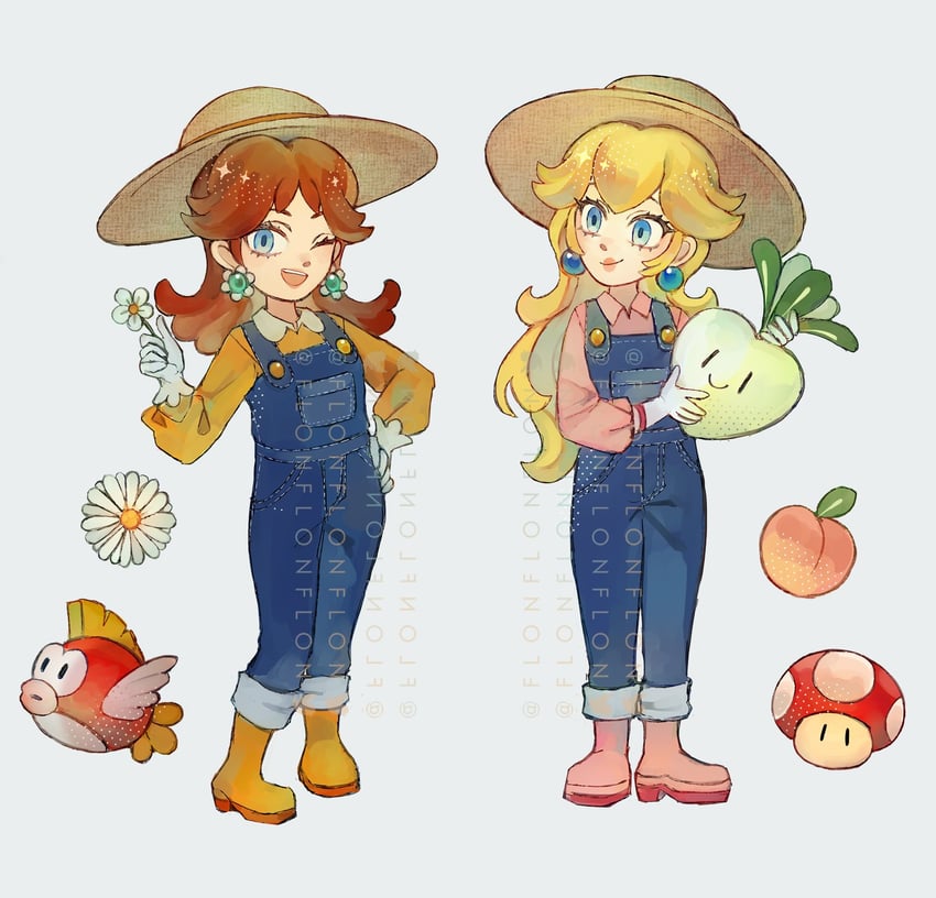 princess peach, princess daisy, and cheep cheep (mario and 3 more) drawn by flonflonflon