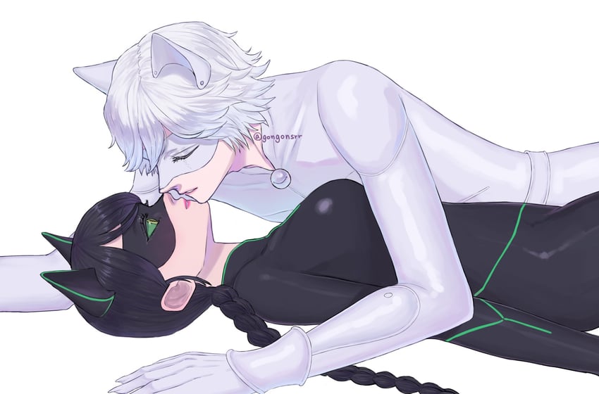 marinette dupain-cheng, adrien agreste, lady noir, and chat blanc (miraculous ladybug) drawn by gongonsrr