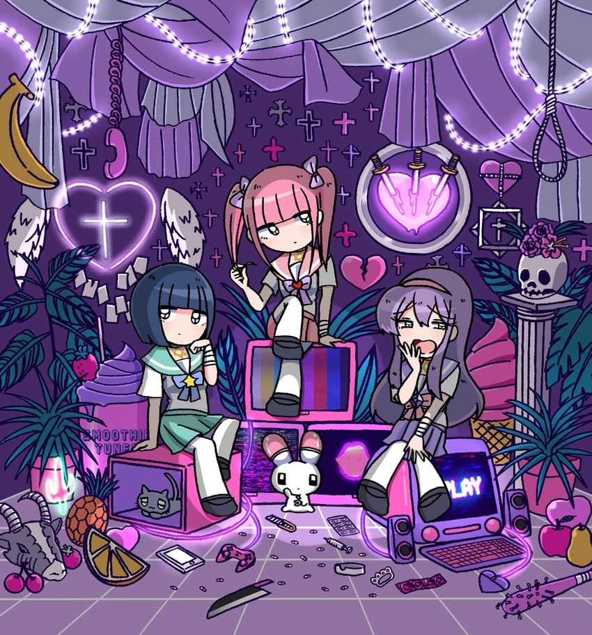 menhera-chan, usatan, sabukaru-chan, yumekawa-chan, and nekotan (menhera-chan) drawn by ezaki_bisuko
