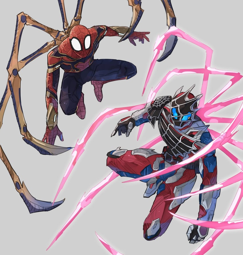 spider-man, peter parker, kamen rider demons, and iron spider armor (marvel and 5 more) drawn by bbbb_fex