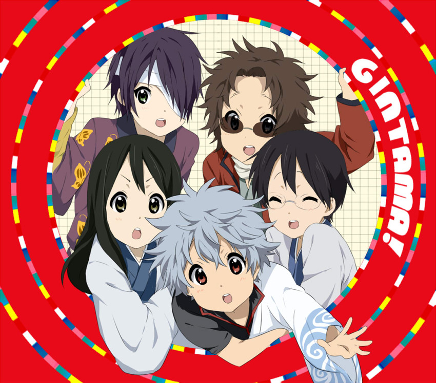 sakata gintoki, shimura shinpachi, takasugi shinsuke, katsura kotarou, and sakamoto tatsuma (k-on! and 1 more) drawn by maruki_(punchiki)