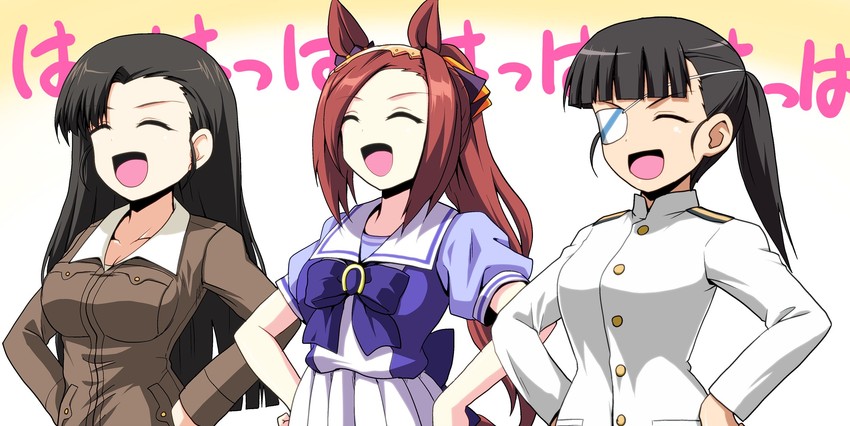 sakamoto mio, nishi kinuyo, and sakura bakushin o (umamusume and 3 more) drawn by kamishima_kanon