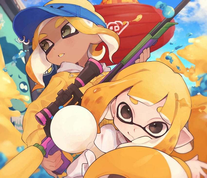 inkling player character, inkling girl, octoling player character, and octoling girl (splatoon and 1 more) drawn by comugikun