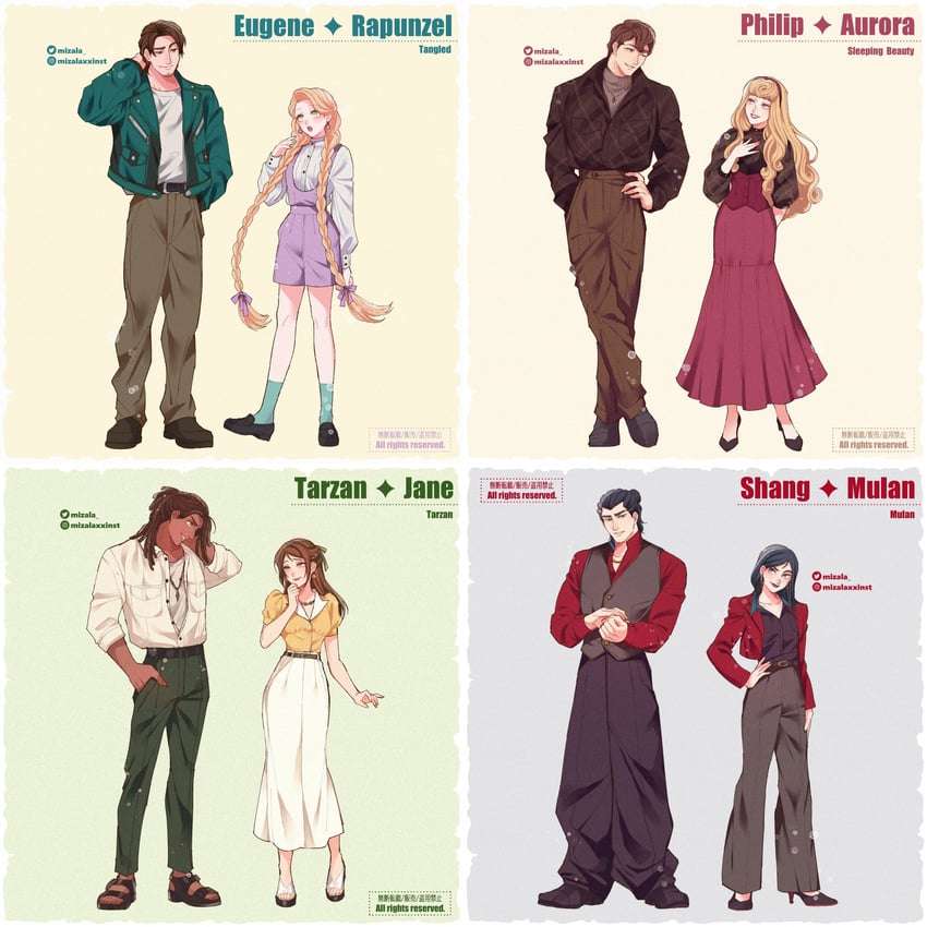 rapunzel, aurora, fa mulan, flynn rider, jane porter, and 3 more (disney and 4 more) drawn by mizala