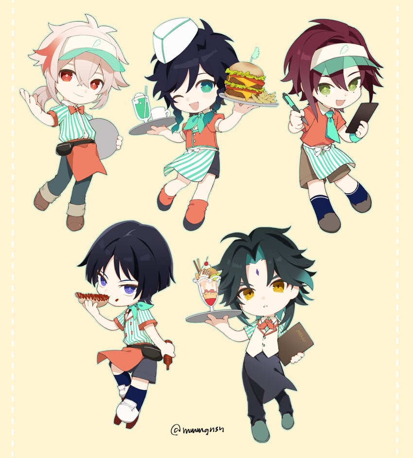 scaramouche, wanderer, venti, xiao, kaedehara kazuha, and 1 more (genshin impact) drawn by mmmgnsn