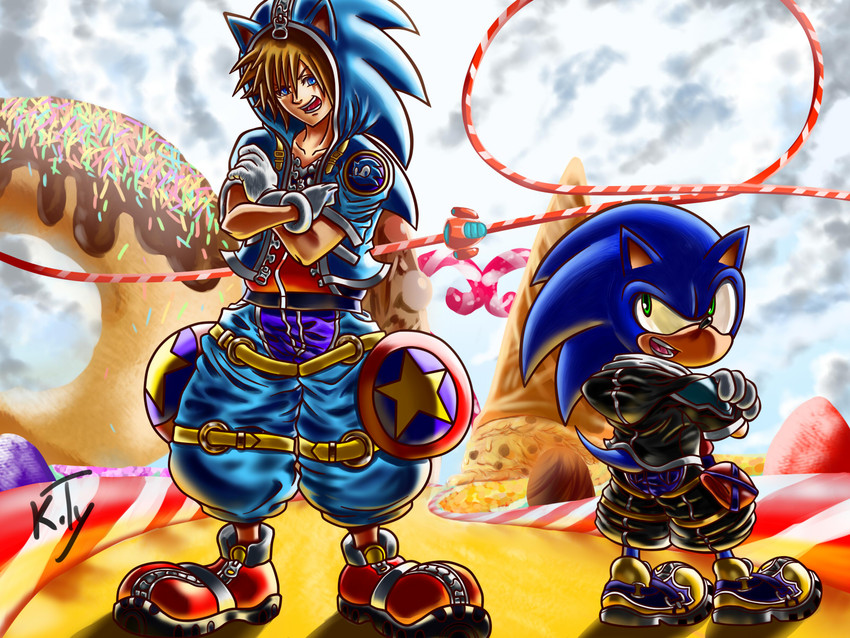 sonic the hedgehog and sora (sonic and 1 more) drawn by k.ty_(amejin)