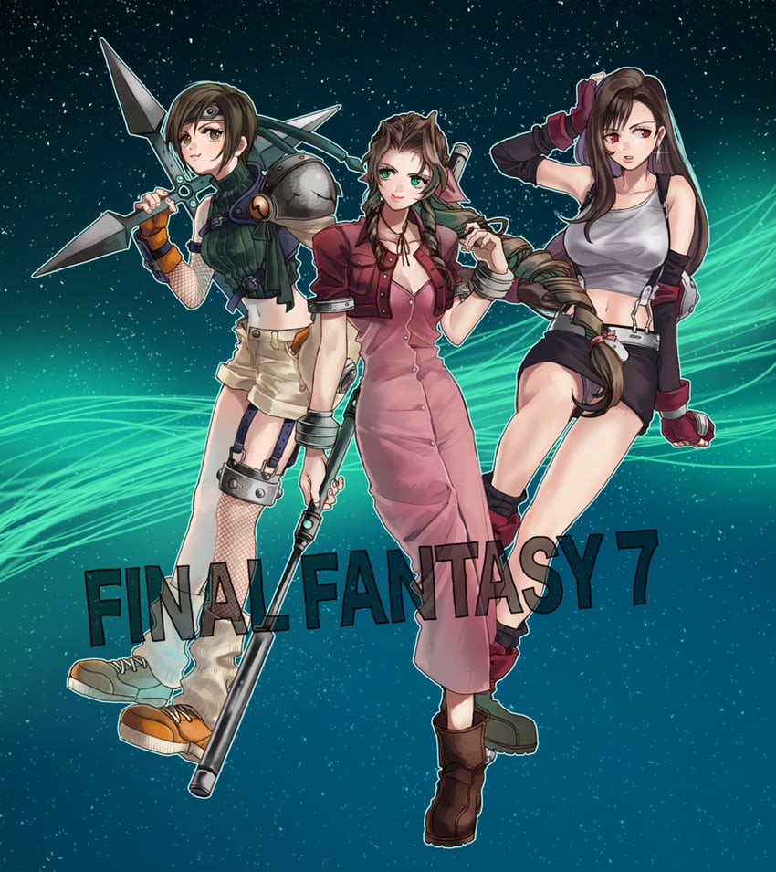 tifa lockhart, aerith gainsborough, and yuffie kisaragi (final fantasy and 1 more) drawn by halu-ca