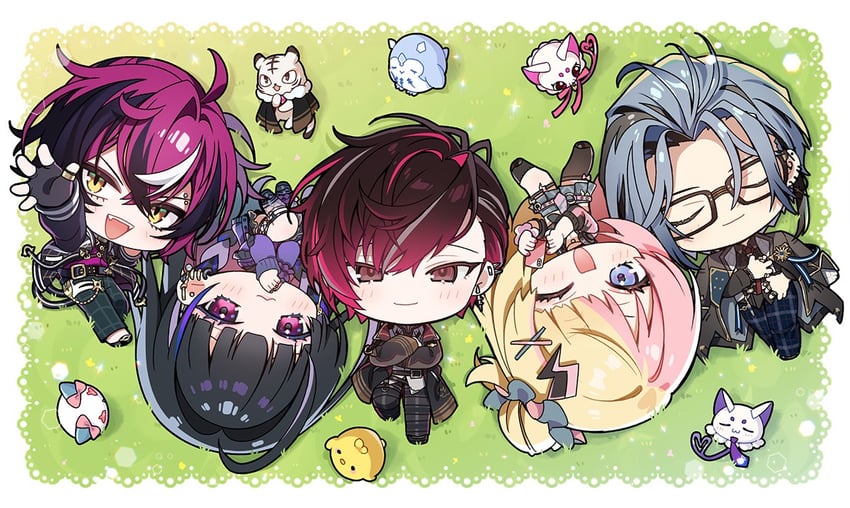 meloco kyoran, doppio dropscythe, kotoka torahime, ver vermillion, hex haywire, and 5 more (nijisanji and 1 more) drawn by shinoda_mame