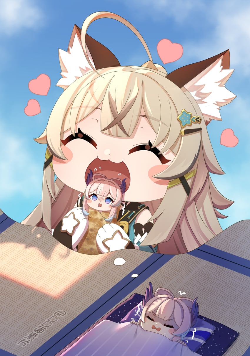 sangonomiya kokomi and kirara (genshin impact) drawn by dd_che_shen