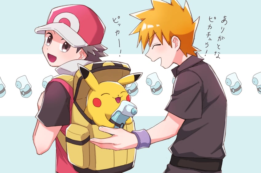 pikachu, red, and blue oak (pokemon and 2 more) drawn by mochi_(mocchi_p_2m)