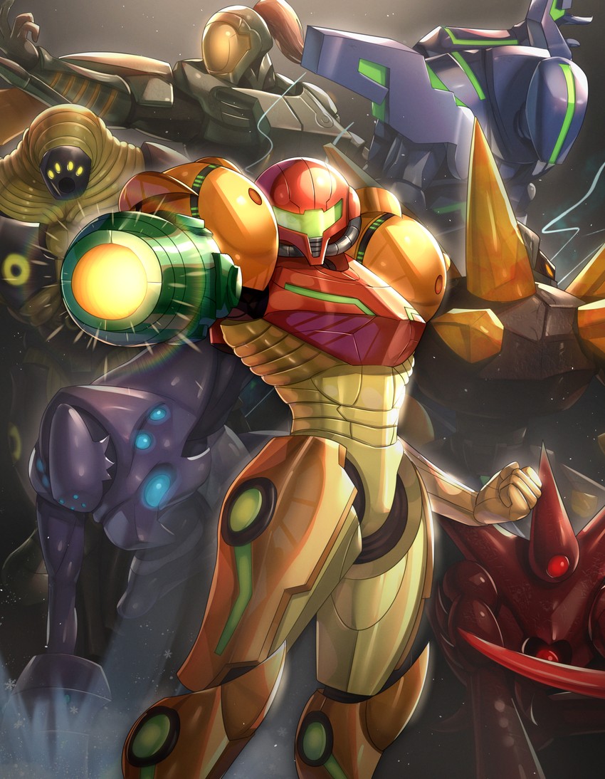 samus aran, sylux, weavel, trace, spire, and 2 more (metroid and 1 more) drawn by gonzarez