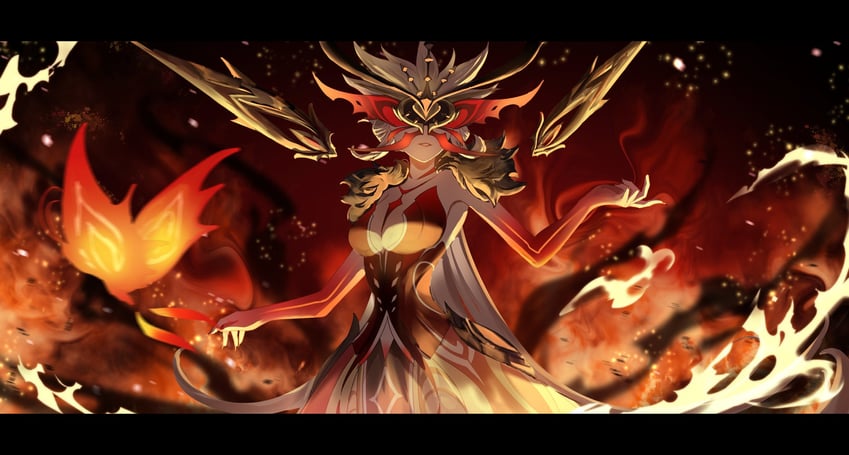crimson lotus moth and signora (genshin impact) drawn by hidu713