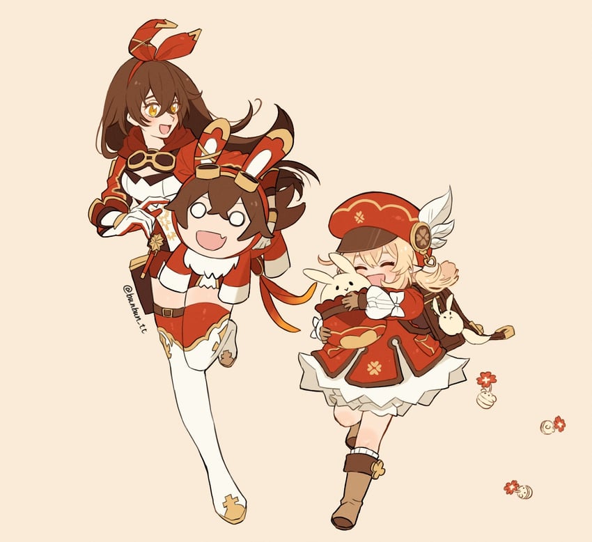 klee, dodoco, jumpy dumpty, baron bunny, and amber (genshin impact) drawn by bunbun_tt