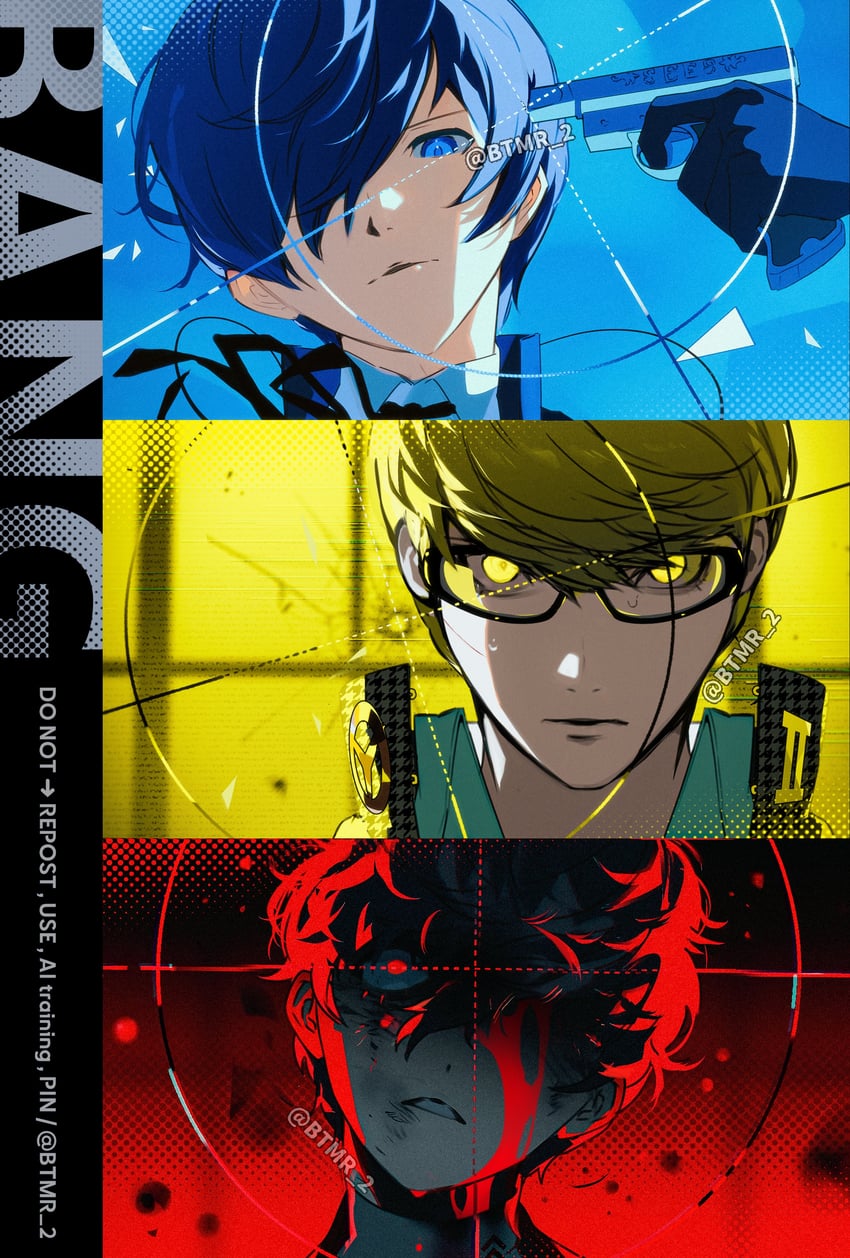 narukami yu, yuuki makoto, and amamiya ren (persona and 4 more) drawn by btmr_game