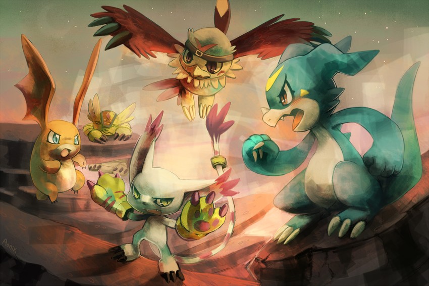 tailmon, patamon, v-mon, hawkmon, and armadimon (digimon and 1 more) drawn by aonik