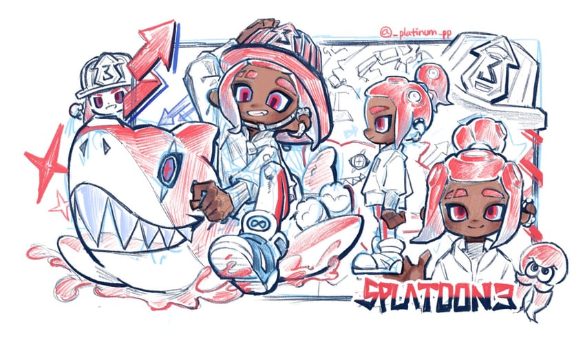 inkling player character, inkling girl, octoling player character, and octoling boy (splatoon and 1 more) drawn by tinum_(platinum_pp)