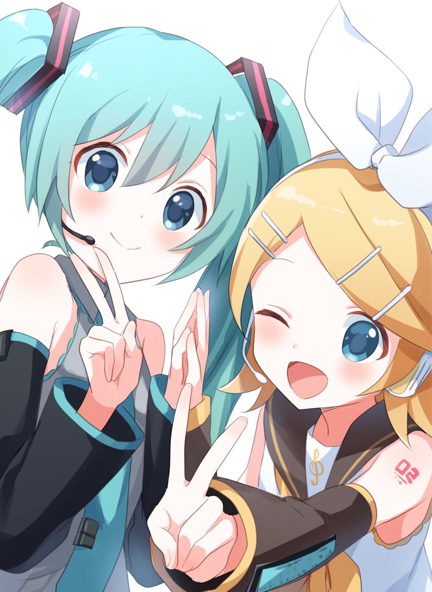 hatsune miku and kagamine rin (vocaloid) drawn by buchi_(y0u0ri_)