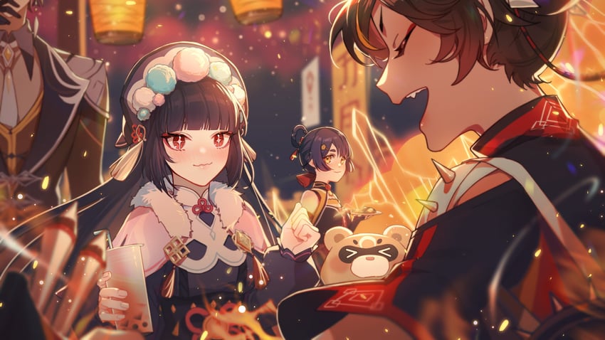 zhongli, xiangling, guoba, yun jin, and xinyan (genshin impact) drawn by blaze_knight