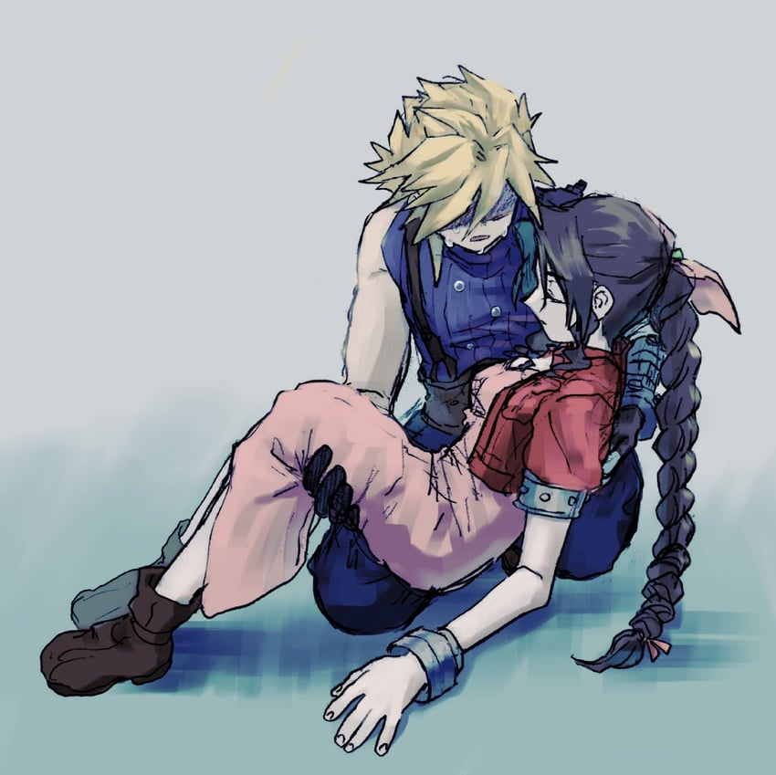cloud strife and aerith gainsborough (final fantasy and 1 more) drawn by hideyo746